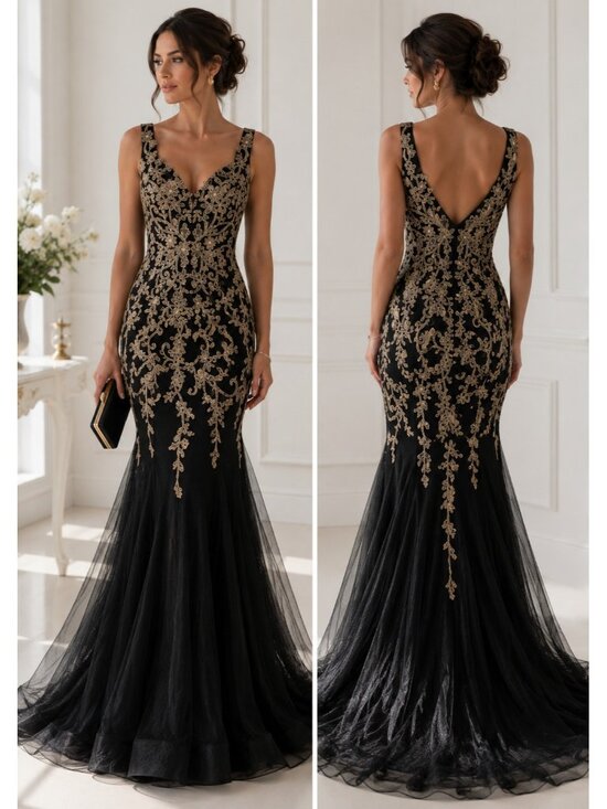 Jovani Dresses & Skirts - JVN by Jovani Black Gold Embroidered Mermaid Evening Gown Prom Formal Dress 2